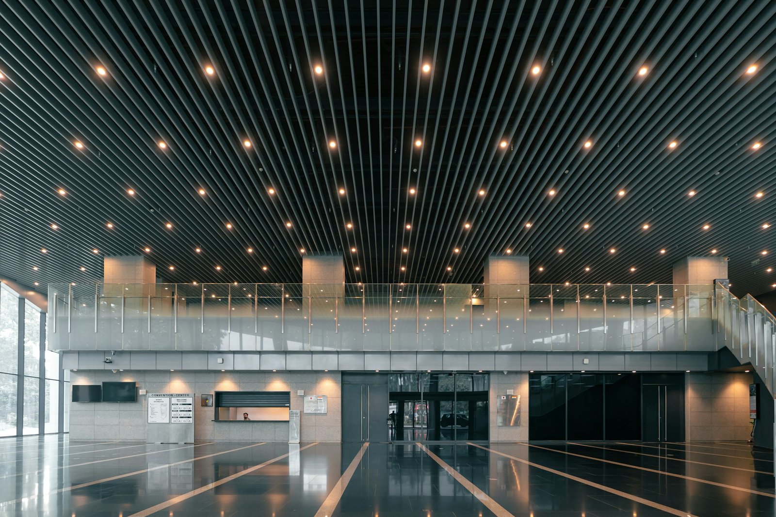 A sophisticated, softly lit conference atrium